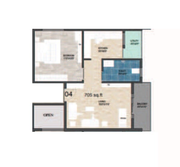 Floor plan of 1 BHK 705 Sq. Ft. Apartment in Aloki Quanta, Bangalore