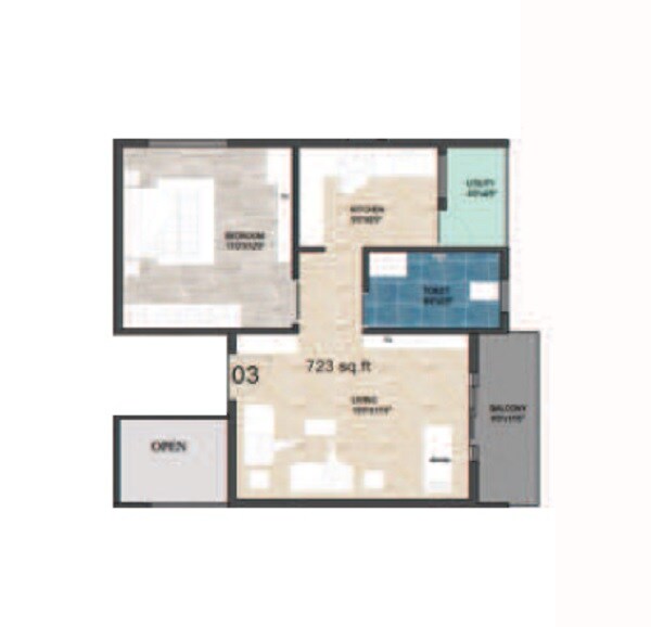 Floor plan of 1 BHK 723 Sq. Ft. Apartment in Aloki Quanta, Bangalore