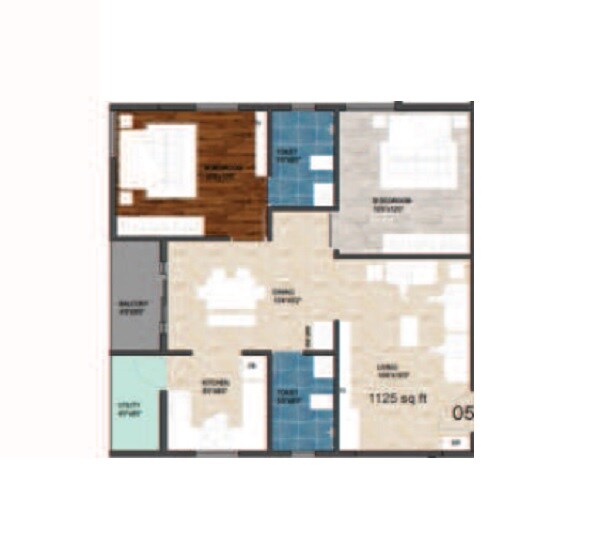 Floor plan of 2 BHK 1125 Sq. Ft. Apartment in Aloki Quanta, Bangalore