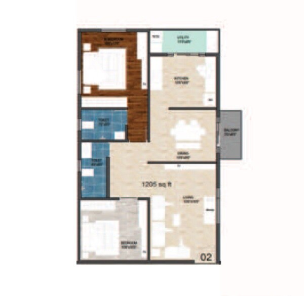 Floor plan of 2 BHK 1205 Sq. Ft. Apartment in Aloki Quanta, Bangalore
