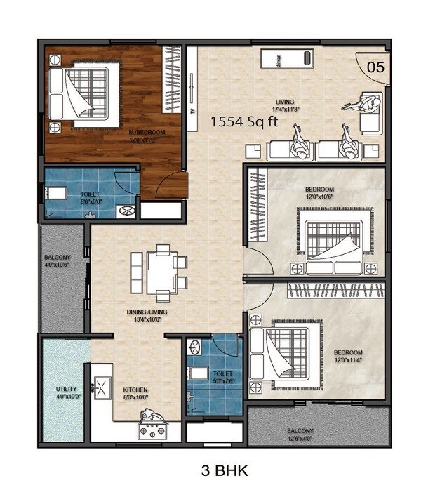 Floor plan of 3 BHK 1554 Sq. Ft. Apartment in Aloki Quanta, Bangalore