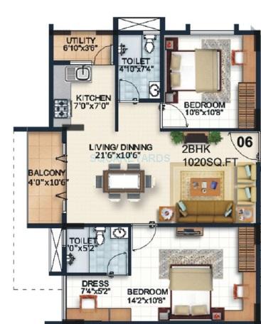 Floor plan of 2 BHK 1020 Sq. Ft. Apartment in Alpine Fiesta, Bangalore