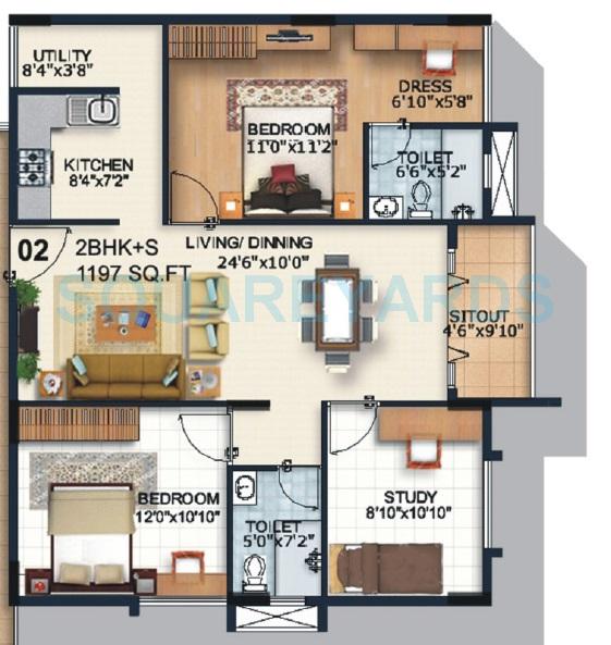 Floor plan of 2 BHK 1197 Sq. Ft. Apartment in Alpine Fiesta, Bangalore