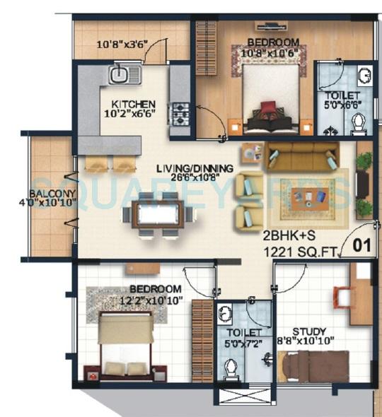 Floor plan of 2 BHK 1221 Sq. Ft. Apartment in Alpine Fiesta, Bangalore