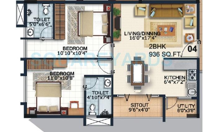 Floor plan of 2 BHK 936 Sq. Ft. Apartment in Alpine Fiesta, Bangalore