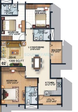 Floor plan of 3 BHK 1396 Sq. Ft. Apartment in Alpine Fiesta, Bangalore