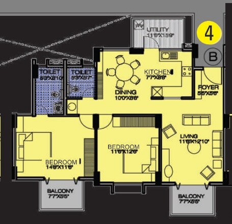 Floor plan of 2 BHK 1254 Sq. Ft. Apartment in Alpine Pyramid, Bangalore
