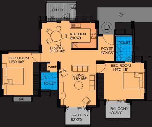 Floor plan of 2 BHK 1315 Sq. Ft. Apartment in Alpine Pyramid, Bangalore