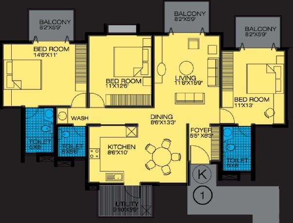 Floor plan of 3 BHK 1616 Sq. Ft. Apartment in Alpine Pyramid, Bangalore
