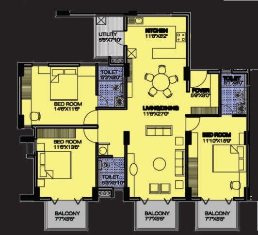 Floor plan of 3 BHK 1757 Sq. Ft. Apartment in Alpine Pyramid, Bangalore
