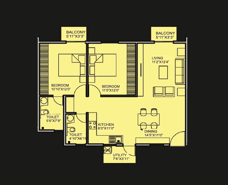 Floor plan of 2 BHK 1075 Sq. Ft. Apartment in Alpine Vistula, Bangalore