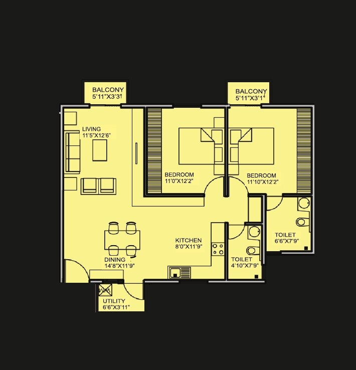Floor plan of 2 BHK 1090 Sq. Ft. Apartment in Alpine Vistula, Bangalore