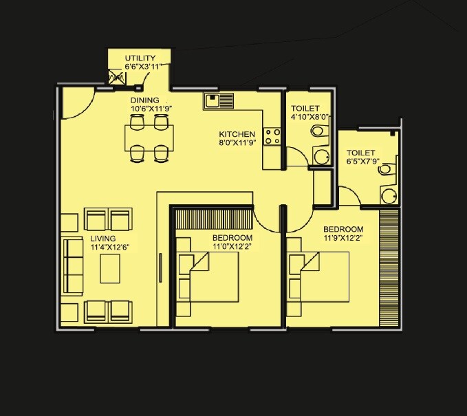 Floor plan of 2 BHK 1160 Sq. Ft. Apartment in Alpine Vistula, Bangalore