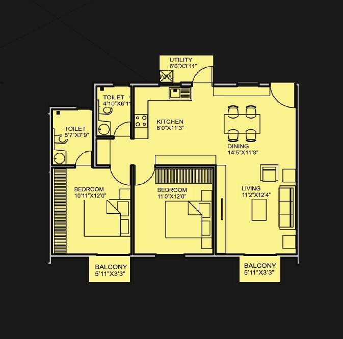 Floor plan of 2 BHK 1280 Sq. Ft. Apartment in Alpine Vistula, Bangalore