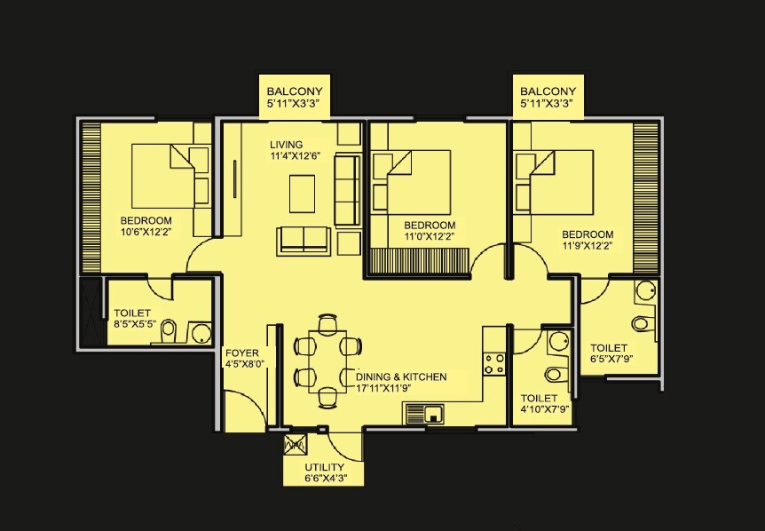 Floor plan of 3 BHK 1410 Sq. Ft. Apartment in Alpine Vistula, Bangalore