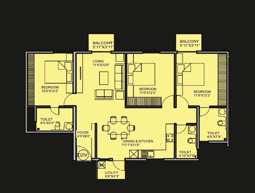 Floor plan of 3 BHK 1492 Sq. Ft. Apartment in Alpine Vistula, Bangalore