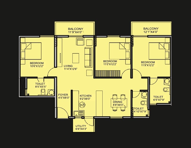 Floor plan of 3 BHK 1636 Sq. Ft. Apartment in Alpine Vistula, Bangalore