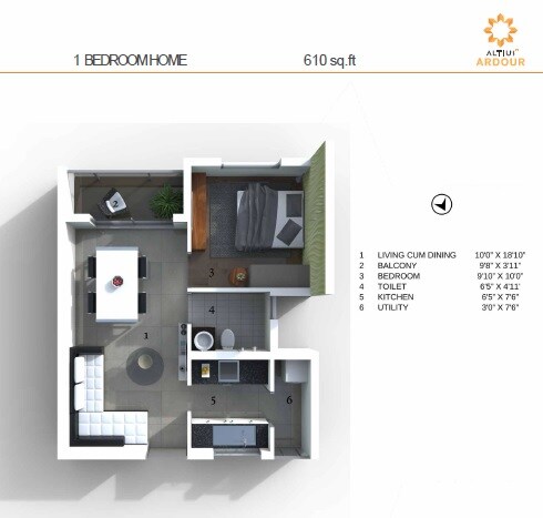 Floor plan of 1 BHK 610 Sq. Ft. Apartment in Altius Ardour, Bangalore