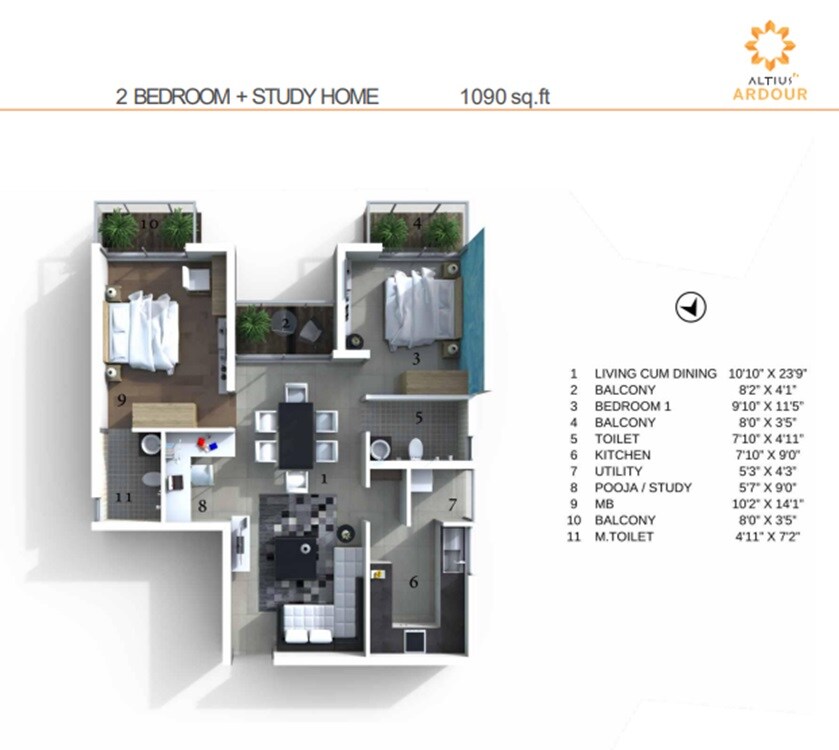 Floor plan of 2 BHK 1090 Sq. Ft. Apartment in Altius Ardour, Bangalore