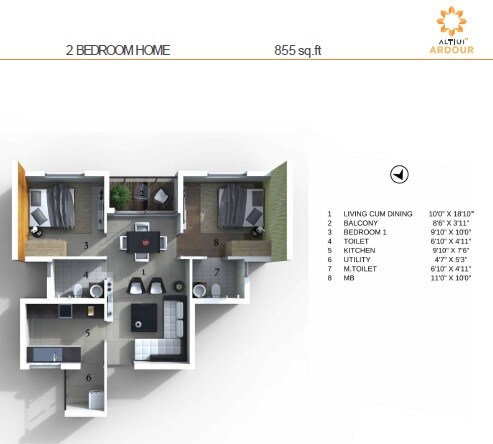 Floor plan of 2 BHK 855 Sq. Ft. Apartment in Altius Ardour, Bangalore