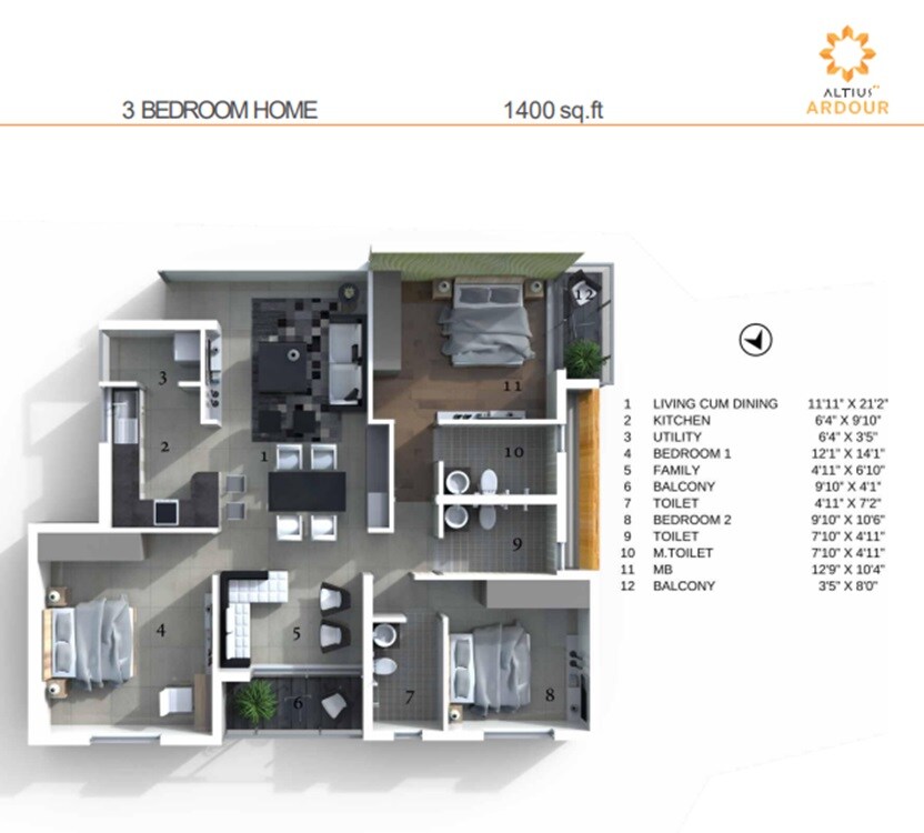 Floor plan of 3 BHK 1400 Sq. Ft. Apartment in Altius Ardour, Bangalore