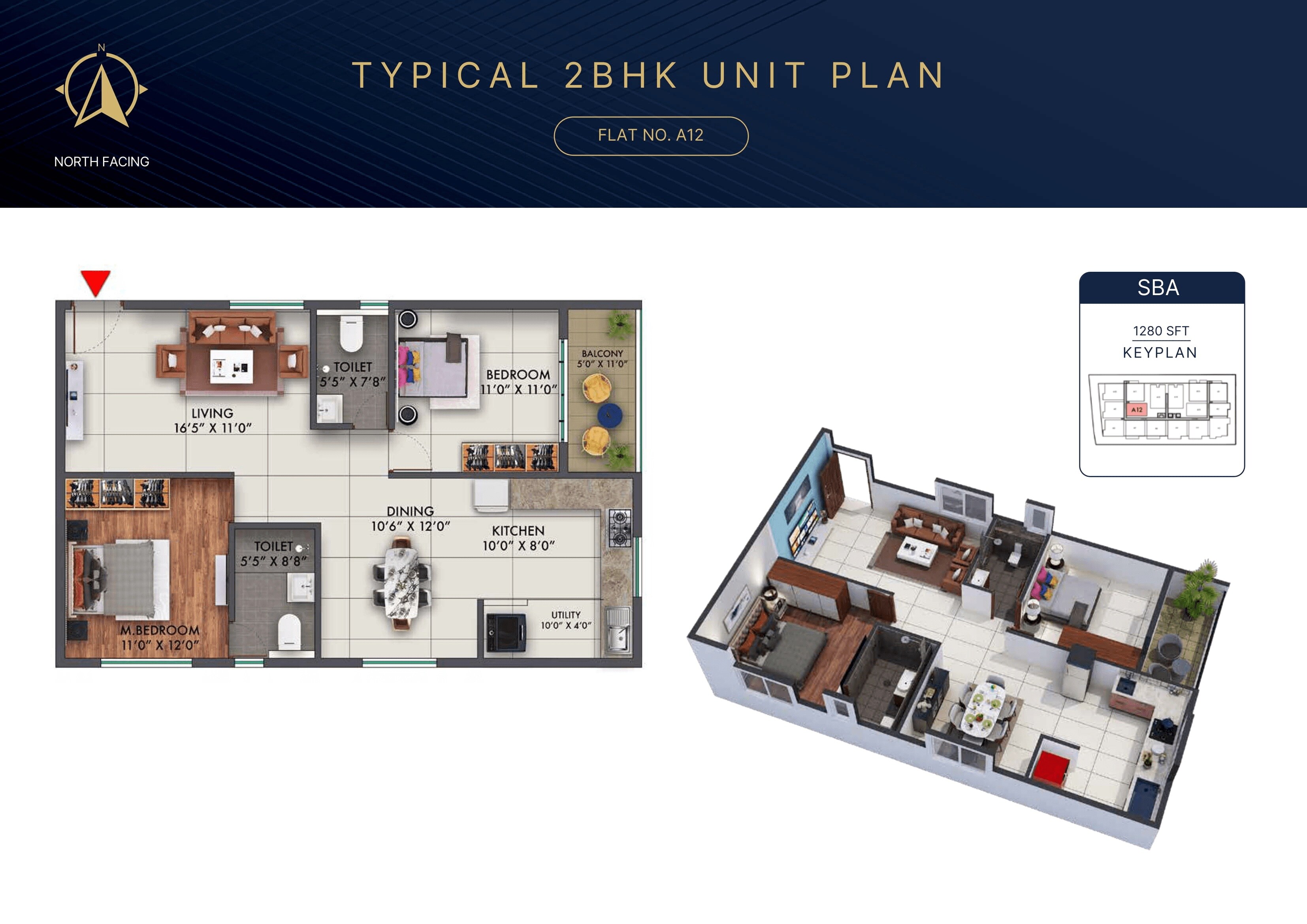 Floor plan of 2 BHK 1280 Sq. Ft. Apartment in Amberstone Illumina, Bangalore