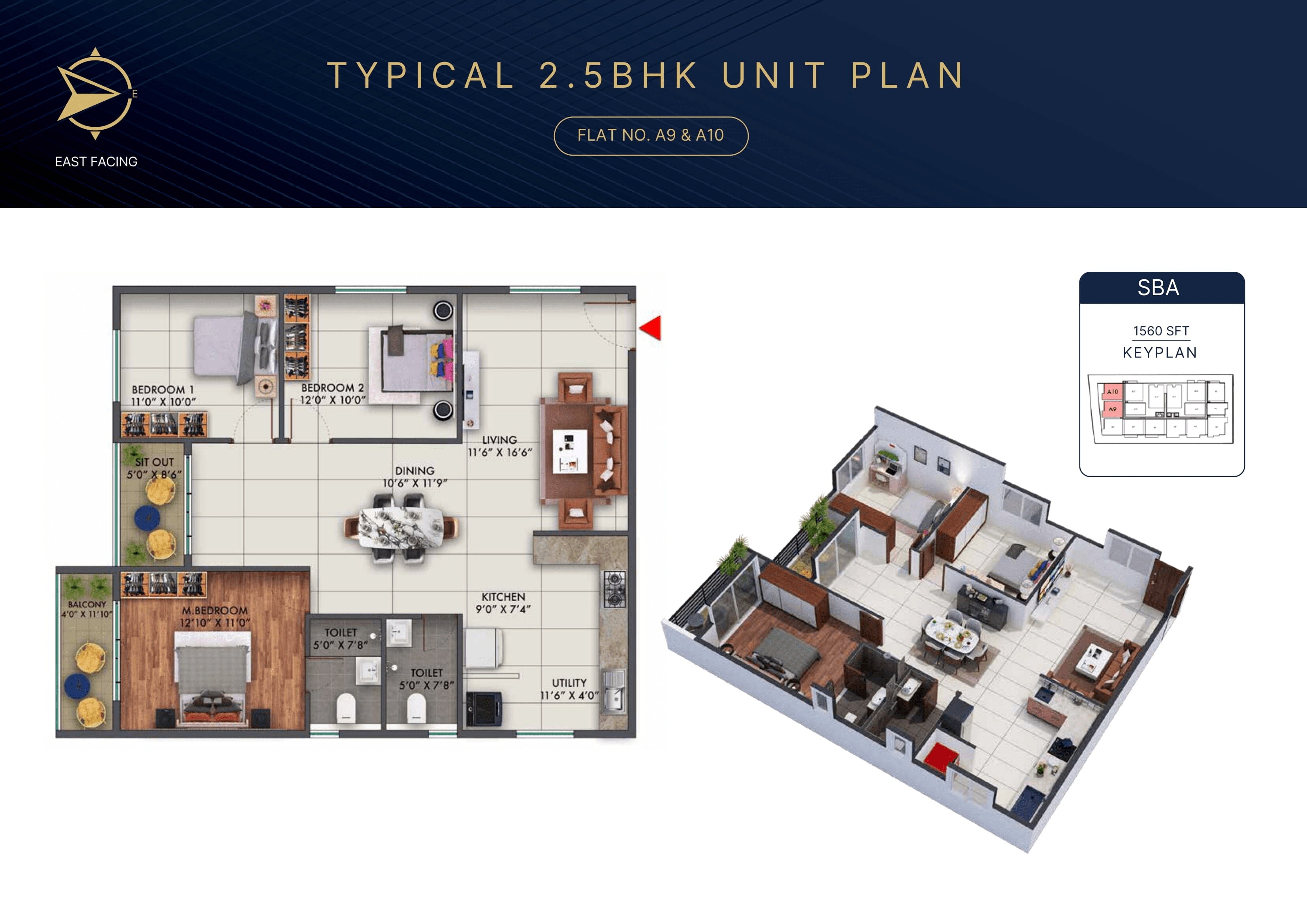 Floor plan of 2 BHK 1560 Sq. Ft. Apartment in Amberstone Illumina, Bangalore
