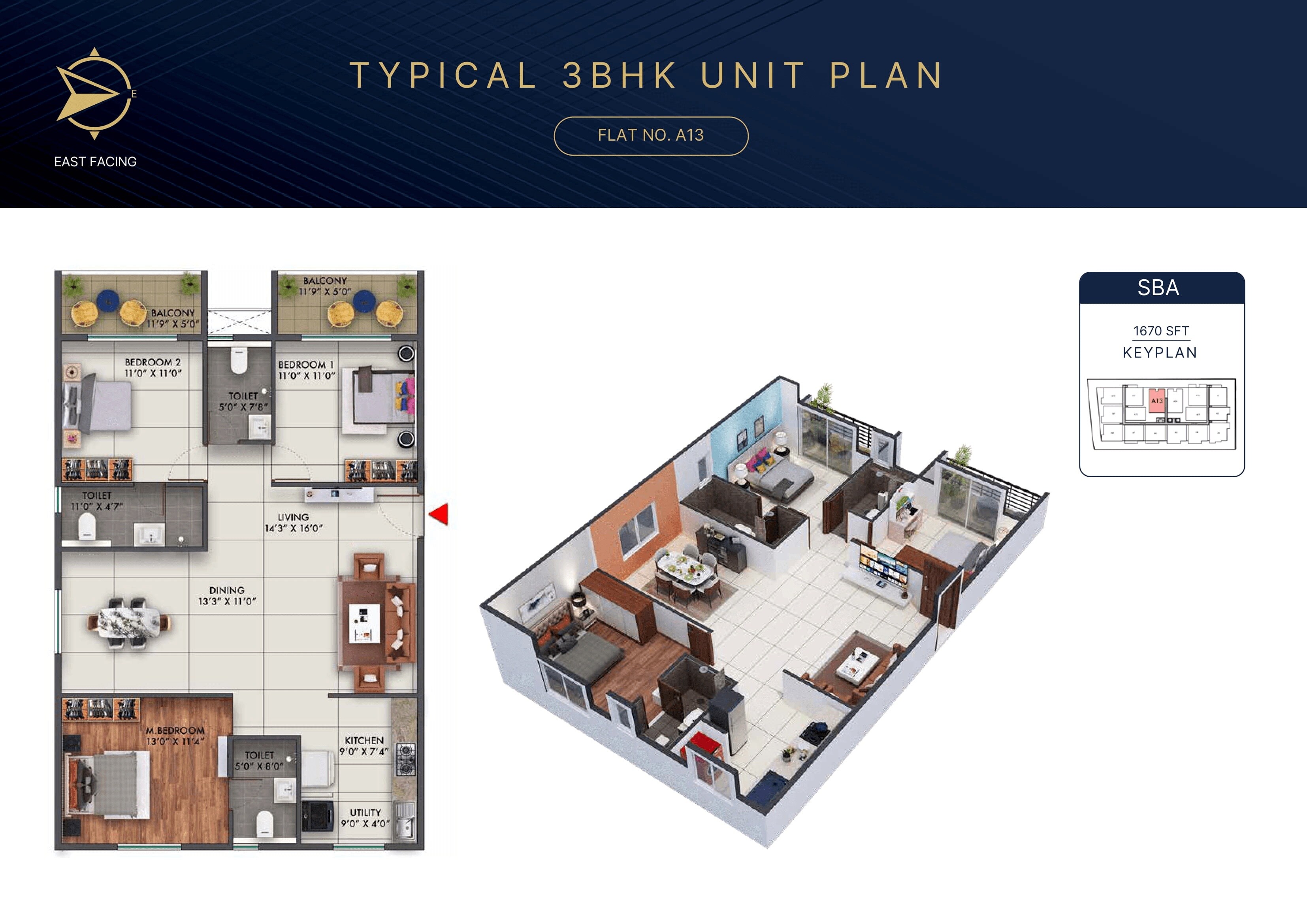 Floor plan of 3 BHK 1670 Sq. Ft. Apartment in Amberstone Illumina, Bangalore