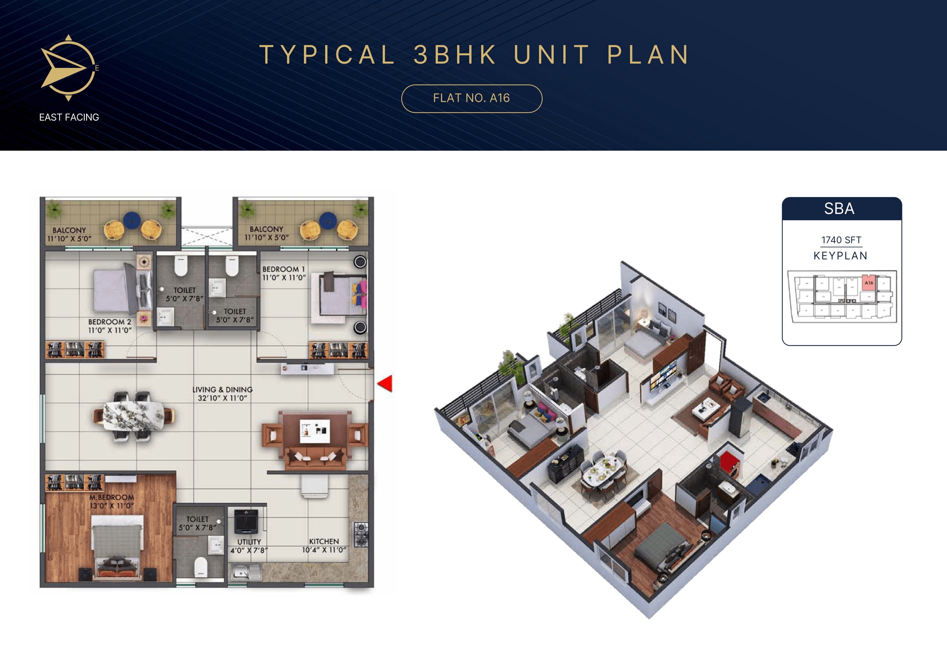 Floor plan of 3 BHK 1740 Sq. Ft. Apartment in Amberstone Illumina, Bangalore