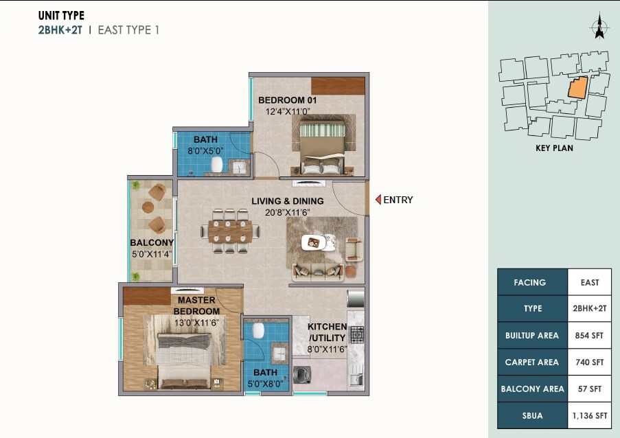 Floor plan of 2 BHK 1136 Sq. Ft. Apartment in Amberstone The Ninth, Bangalore