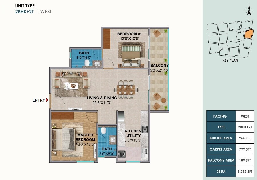 Floor plan of 2 BHK 1285 Sq. Ft. Apartment in Amberstone The Ninth, Bangalore
