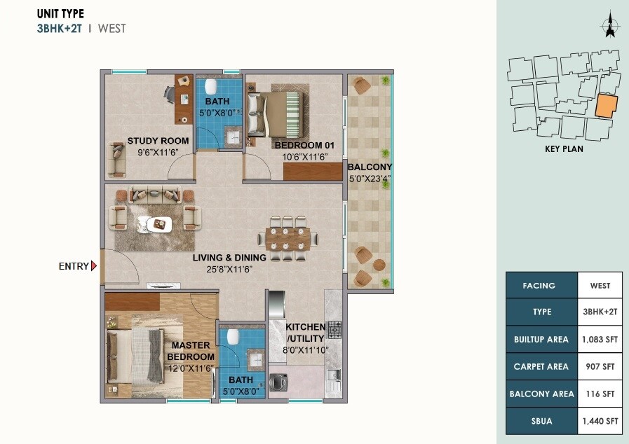 Floor plan of 3 BHK 1440 Sq. Ft. Apartment in Amberstone The Ninth, Bangalore