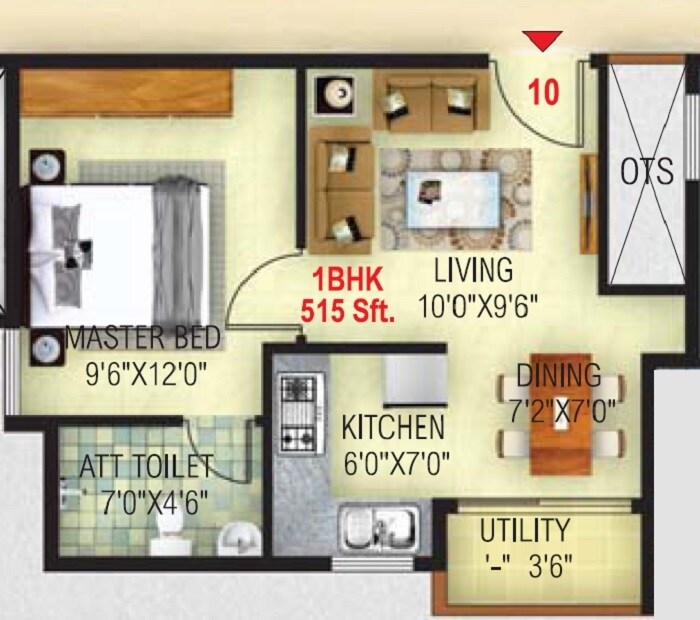 Floor plan of 1 BHK 515 Sq. Ft. Apartment in Ambiant Asset Homes, Bangalore