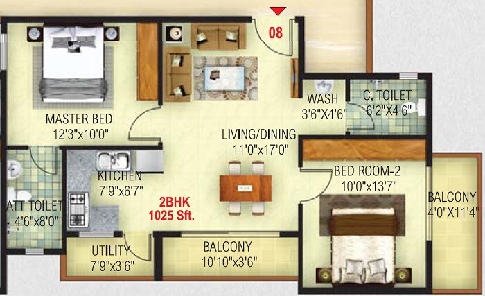 Floor plan of 2 BHK 1025 Sq. Ft. Apartment in Ambiant Asset Homes, Bangalore