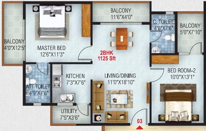 Floor plan of 2 BHK 1125 Sq. Ft. Apartment in Ambiant Asset Homes, Bangalore