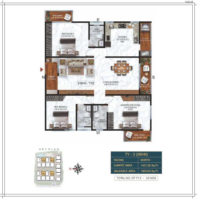 Floor plan of 3 BHK 1926 Sq. Ft. Apartment in Amigo Alfresco, Bangalore