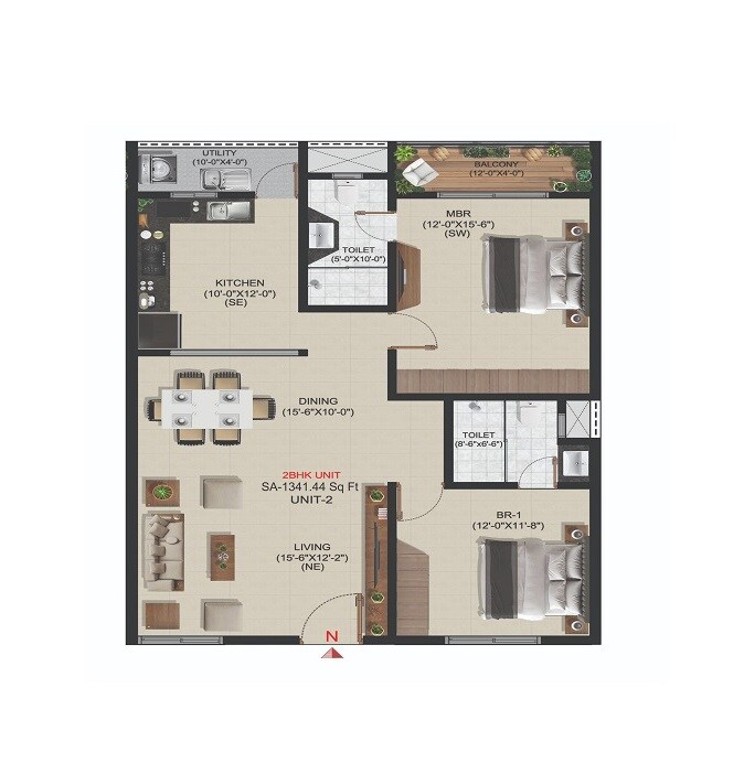 Floor plan of 2 BHK 1341 Sq. Ft. Apartment in Amigo Amparo, Bangalore