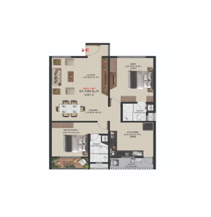 Floor plan of 2 BHK 1380 Sq. Ft. Apartment in Amigo Amparo, Bangalore