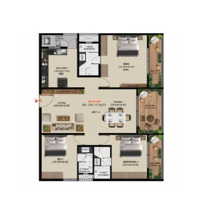 Floor plan of 3 BHK 1761 Sq. Ft. Apartment in Amigo Amparo, Bangalore