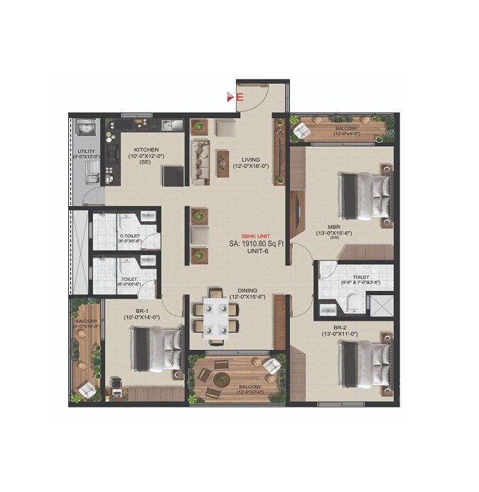 Floor plan of 3 BHK 1911 Sq. Ft. Apartment in Amigo Amparo, Bangalore