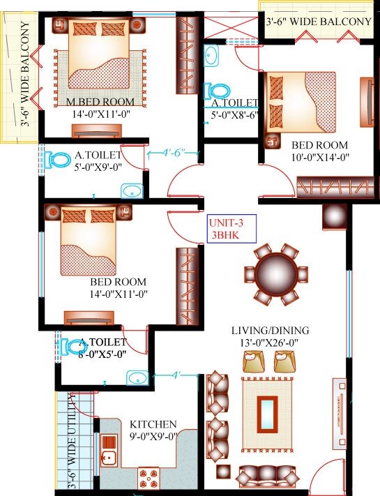 Floor plan of 3 BHK 1532 Sq. Ft. Apartment in Amigo Cockburn, Bangalore