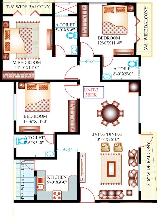 Floor plan of 3 BHK 1577 Sq. Ft. Apartment in Amigo Cockburn, Bangalore