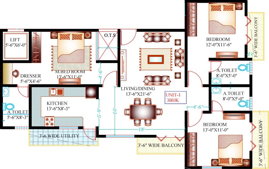 Floor plan of 3 BHK 1644 Sq. Ft. Apartment in Amigo Cockburn, Bangalore