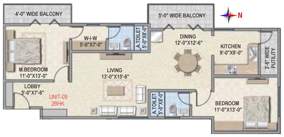 Floor plan of 2 BHK 1148 Sq. Ft. Apartment in Amigo Estella, Bangalore