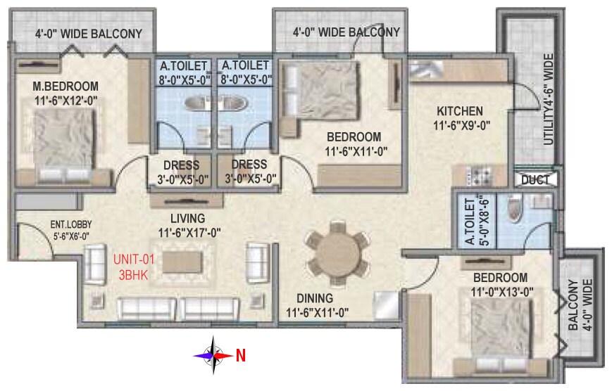 Floor plan of 3 BHK 1573 Sq. Ft. Apartment in Amigo Estella, Bangalore