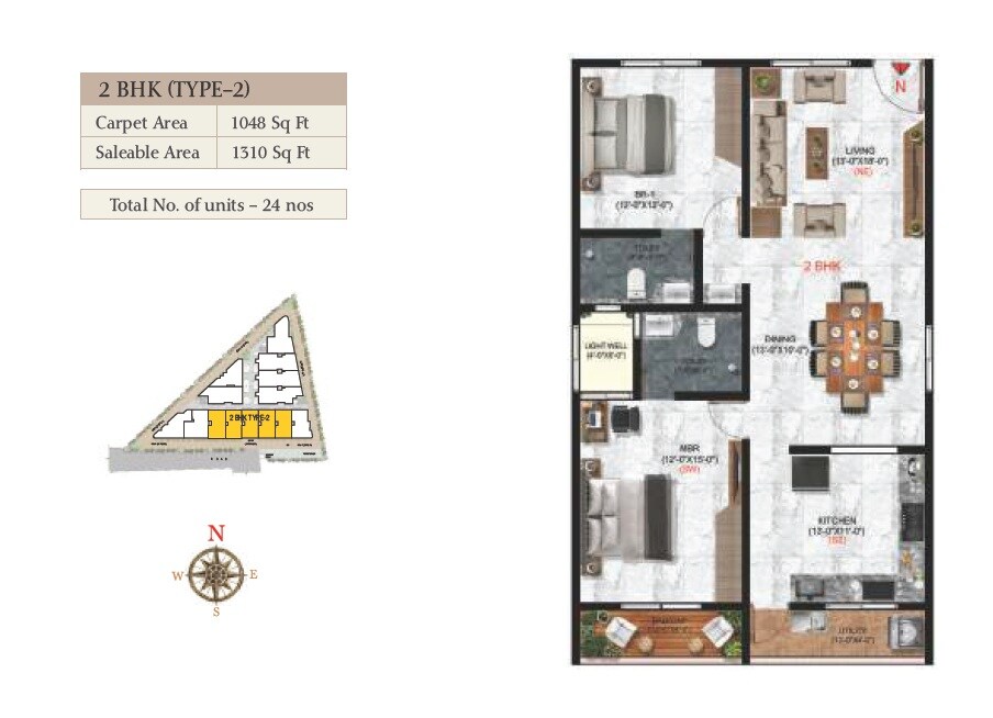 Floor plan of 2 BHK 1310 Sq. Ft. Apartment in Amigo Palacio, Bangalore