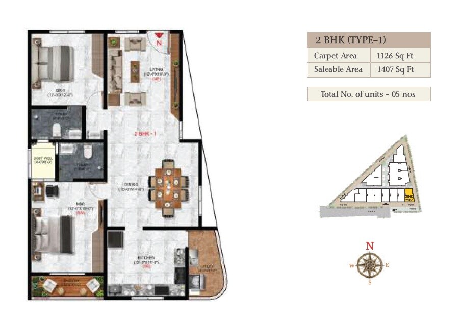 Floor plan of 2 BHK 1407 Sq. Ft. Apartment in Amigo Palacio, Bangalore