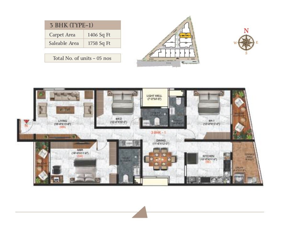 Floor plan of 3 BHK 1758 Sq. Ft. Apartment in Amigo Palacio, Bangalore