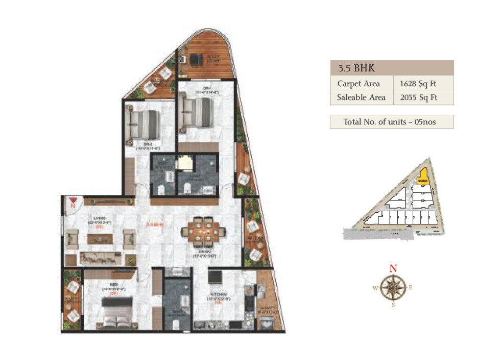 Floor plan of 3 BHK 2035 Sq. Ft. Apartment in Amigo Palacio, Bangalore