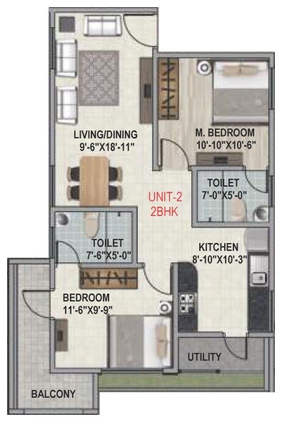 Floor plan of 2 BHK 917 Sq. Ft. Apartment in Amigo Regency, Bangalore